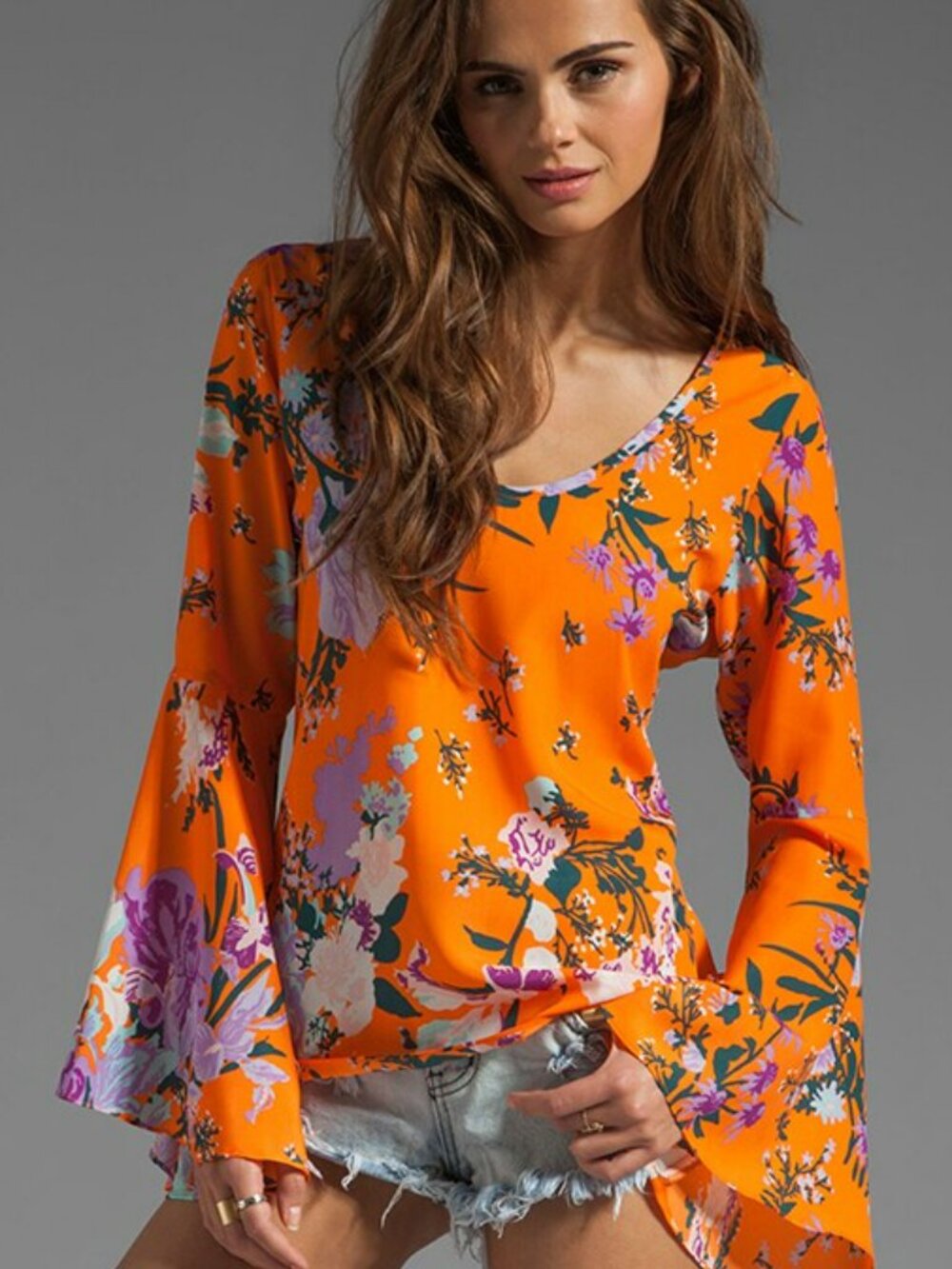 Voom by Joy Han Orange Floral Bell-Sleeve Tunic Size M EUC